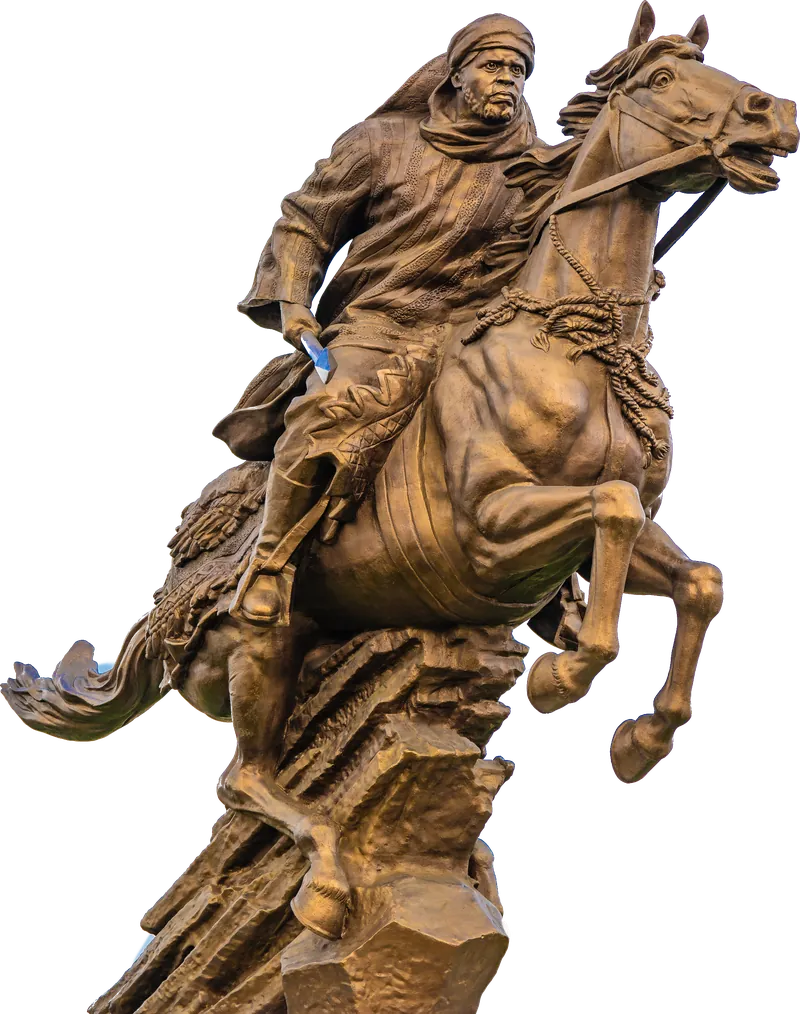 Statue équestre en bronze de Bio Guéra, sabre au poing, sur un cheval cabré